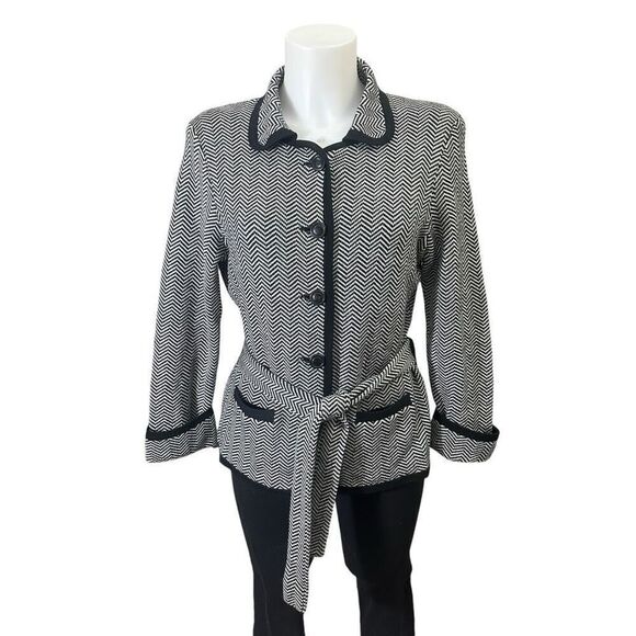 Banana Republic BlackWhite chevron belted Merino Extra Fine Wool cardigan Medium - Picture 1 of 9